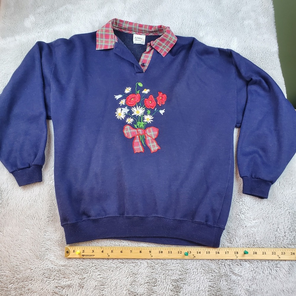 VTG Acorn Leisure Sweatshirt Womens L/XL Embroidered Floral Plaid Collar Navy